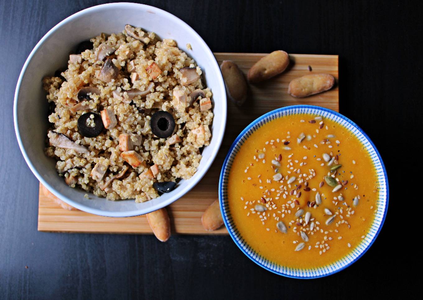 Crema de zanahoria y naranja y quinoa con tofu