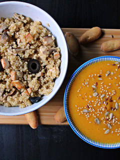 Una foto de Crema de zanahoria y naranja y quinoa con tofu