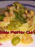Fettuccine con Gamberetti sfumati al Cognac e Asparagi