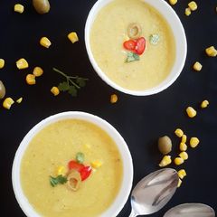 A picture of Sweet Corn Soup with Olive and Jalapeno.