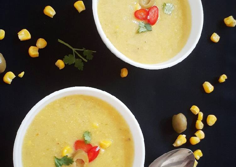 Steps to Make Perfect Sweet Corn Soup with Olive and Jalapeno