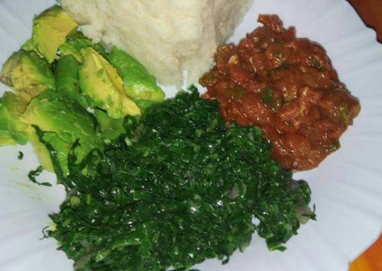 Wet beef fry, veges with ugali