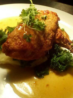 A picture of Garlic and thyme chicken, khale and jugras pomme puree.