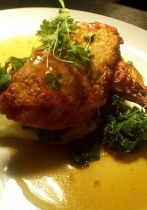 A picture of Garlic and thyme chicken, khale and jugras pomme puree.
