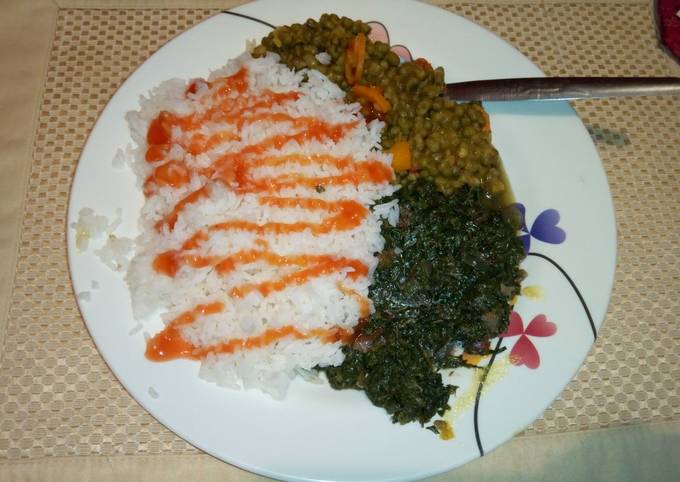 Boiled Rice Green grams stew and fried sukuma wiki