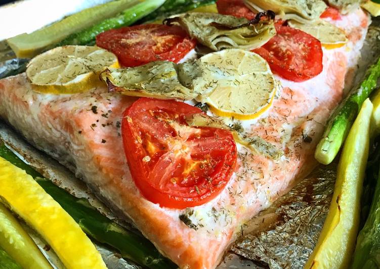 Recipe of Super Quick Homemade Fridge Cleanout Pan Roasted Salmon with Tomato, Artichoke Hearts &amp; Roasted Veg