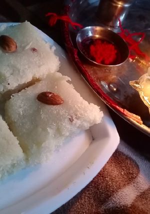 A picture of Nariyal mithai.