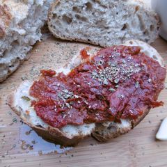 A picture of Bruschetta with sun-dried tomatoes.