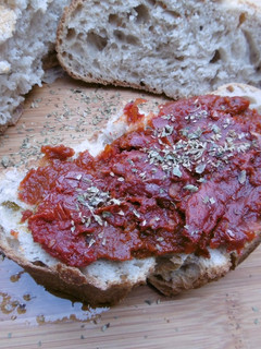 A picture of Bruschetta with sun-dried tomatoes.