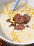 Oktoberfest Beer and Smoked Cheddar Soup with Fullblood Wagyu Beef Bratwurst
