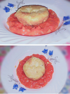 A picture of Deep fried yogart cake with pizza red sauce🍝melt in mouth😋.