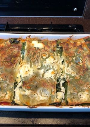 A picture of Butternut squash & spinach lasagna.