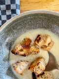 Jerusalem Artichoke and Cauliflower Soup with miso Croutons