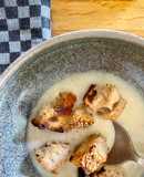 Jerusalem Artichoke and Cauliflower Soup with miso Croutons