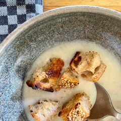 A picture of Jerusalem Artichoke and Cauliflower Soup with miso Croutons.