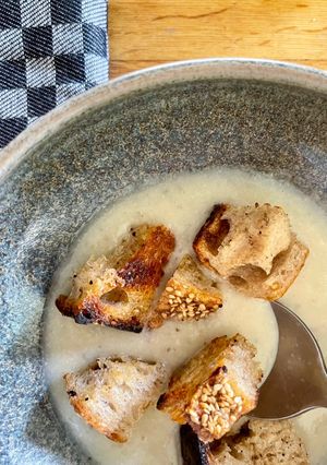 A picture of Jerusalem Artichoke and Cauliflower Soup with miso Croutons.