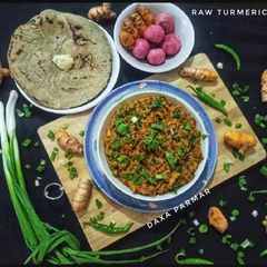 A picture of Rajasthani Kacchi Haldi ki Sabzi (Raw Turmeric Sabzi).