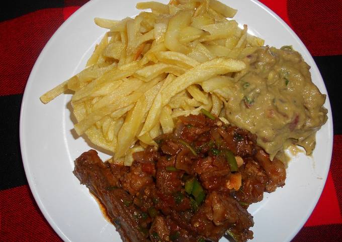 French fries, fried mutton & guacamole