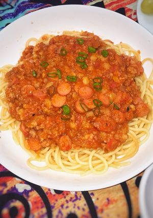 Hình của món Spaghetti Thịt Bằm Xúc Xích.