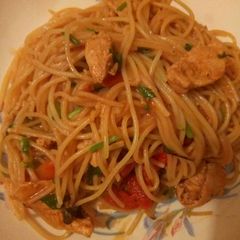 A picture of Spaghetti with chicken.