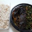 Ofada rice with vegetable sauce and dry fish