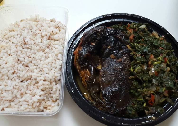 Ofada rice with vegetable sauce and dry fish