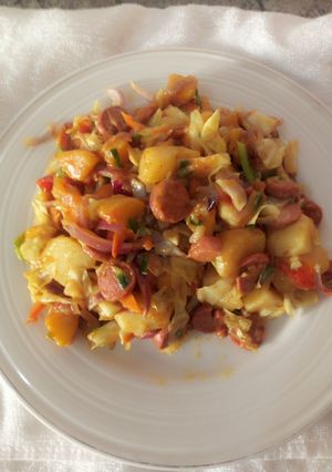 A picture of Plantain and Irish potatoes in curry veggies.