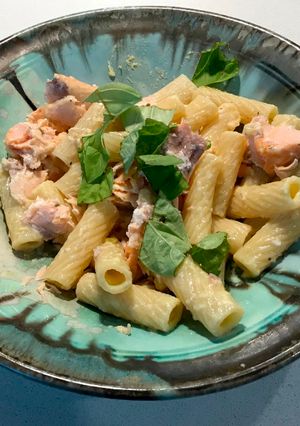 A picture of Salmon Pasta with Lemon-Parmesan Sauce.