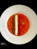 Risotto al pomodoro, pesto di basilico, crema di burrata