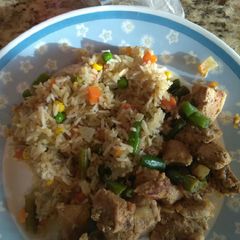 A picture of Veggie rice with Pork and string beans yummy.