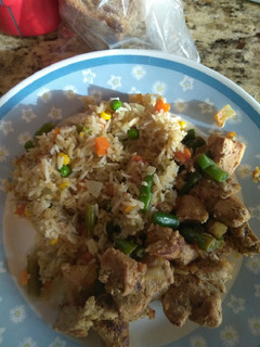 A picture of Veggie rice with Pork and string beans yummy.