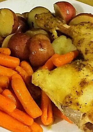 A picture of Slow Cooker Chicken Quarters with Potatoes & Carrots.