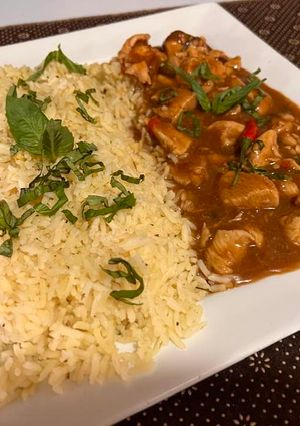 A picture of Thai basil chicken with lemon basil rice.
