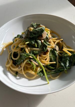 A picture of Miso mushroom spaghetti.