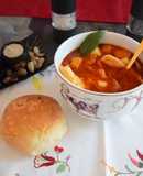 Hot and spicy potato soup with homemade pasta