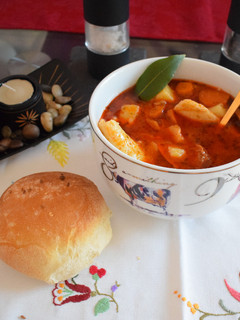 A picture of Hot and spicy potato soup with homemade pasta.
