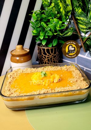 A picture of No Bake Eggless No Gelatin No Agar agar Three Layer Mango Cheesecake.