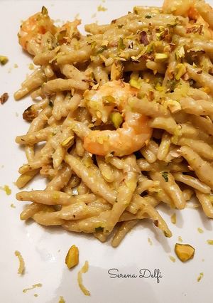 A picture of Whole Wheat Trofie with Pistachio Pesto, Shrimp, and Lemon.