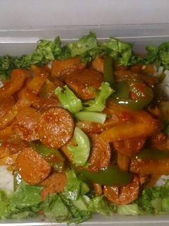A picture of Rice and vegetable sausage stir fry.
