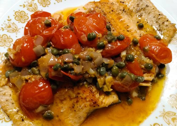 Steelhead trout with spicy tomato and caper sauce