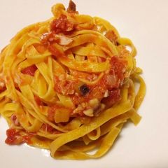 Tagliatelle al ragù di baccalà e melanzane A picture of Tagliatelle al ragù di baccalà e melanzane.
