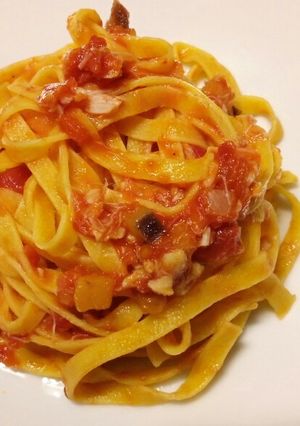 A picture of Tagliatelle al ragù di baccalà e melanzane.