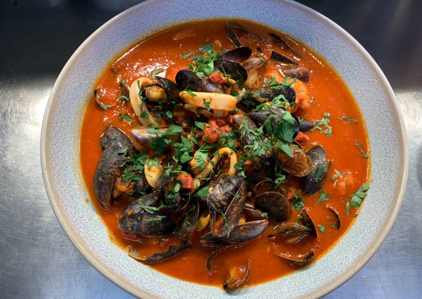 Seafood stew with tomato and chorizo