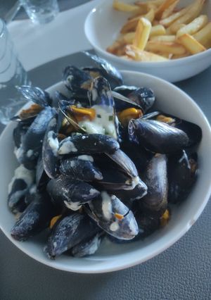 A picture of Mussels Marinière with Boursin.