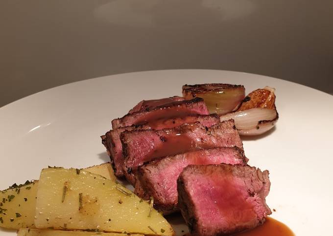Simple Way to Make Mario Batali Eye fillet steak with herb butter potatoes and veggies