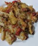 Macarrones de bacalao con pimientos