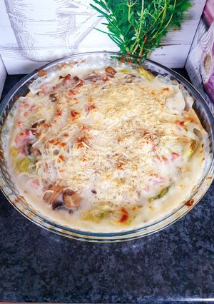 Une photo de Chou vert gratiné aux champignons 🍄