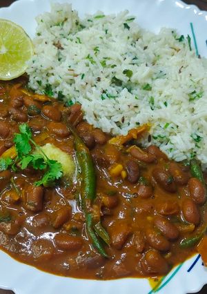 A picture of Restaurant Style Rajma Masala with Jeera Rice.