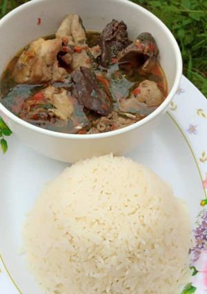 A picture of Chicken pepper soup and white rice.