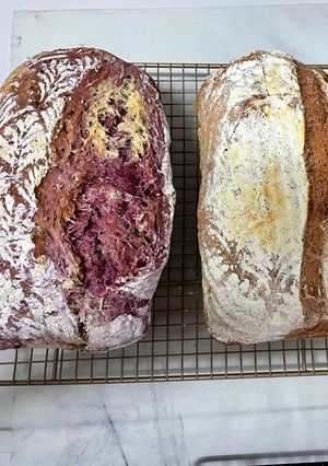 A picture of Sourdough Bread with Purple Sweet Potato, Perilla Seeds, and Black Sesame Seeds.
